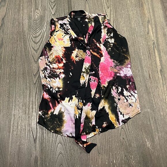Apostrophe Black Pink Paint Splatter Tank Top Tie Neck Size S - Picture 1 of 4